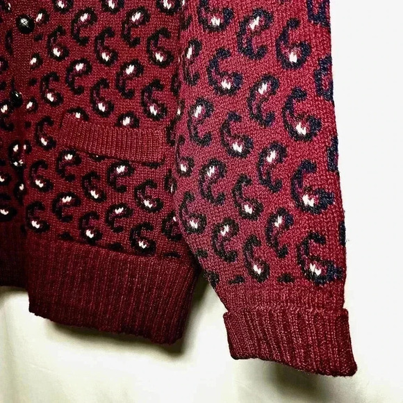 🛑 Woodward Shop Vintage Mens Wool Knit Cardigan Scotland Maroon Paisley Medium - Picture 4 of 7